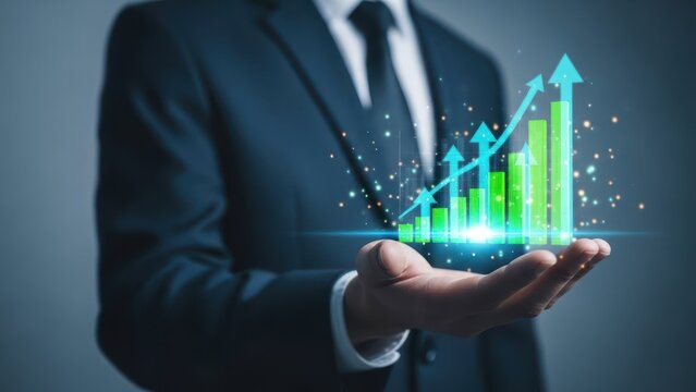 Person in suit holding an ascending digital bar graph with arrows, symbolizing business growth