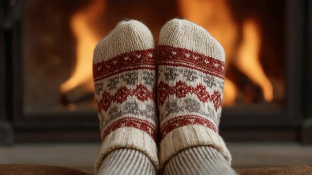 Cozy Warm Socks on Feet by Fireplace During Winter Season for Comfort and Relaxation 4k video footage