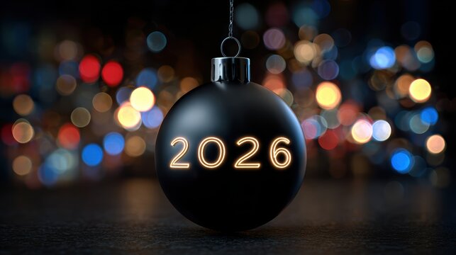 New Year 2026 ornament with glowing numbers against a bokeh background