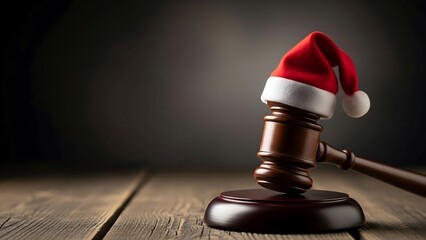Holiday Justice: Gavel with Santa Hat on Wooden Surface