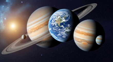 Planets and moons orbit a bright sun in deep space, showing ringed Saturn & Earth