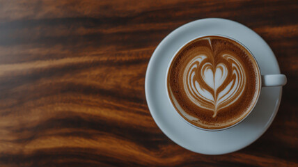 Top down view of a white ceramic cup filled with latte art coffee on a wooden table cappuccino