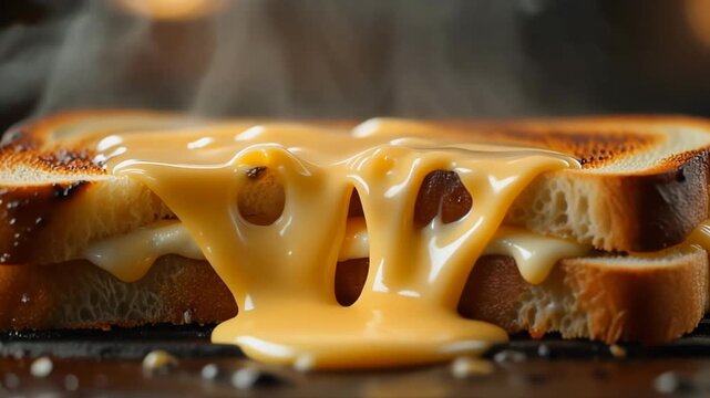 A hot, gooey grilled cheese sandwich with melted cheddar oozing out, fresh off the griddle.