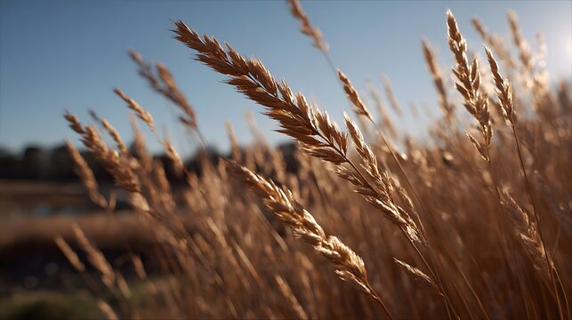 Golden grass stalks backlit by warm sunlight in a serene meadow