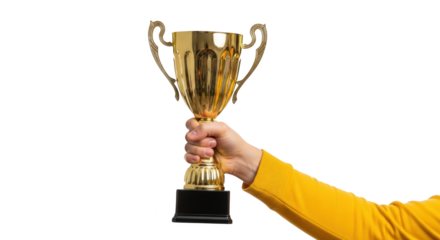 Hand holding golden trophy cup concept visualized beautifully with focus on trophy, cup, award in modern