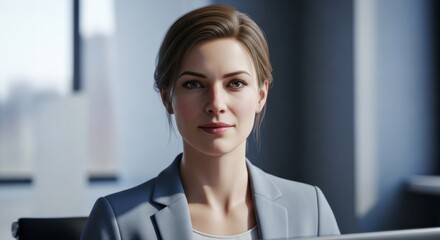 Professional woman in a blazer looks at camera in a bright modern office setting