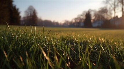 Close up of lush green grass illuminated by warm golden hour sunlight with a serene blurred landscape