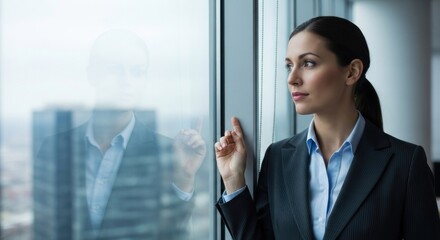 Professional woman gazing out skyscraper window, city reflections, pensive expression