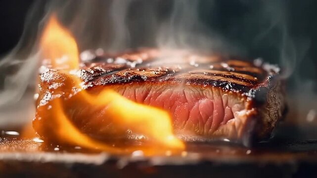 A thick, juicy beef steak is being seared with open flames, showing a perfect medium-rare center and grill marks.