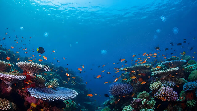 Vibrant underwater coral reef teeming with diverse marine life and schools of small fish swimming in clear blue ocean water