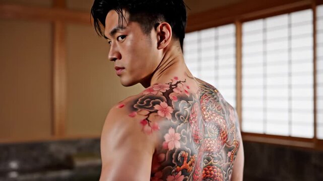 Traditional Japanese Tattoo Art on a Man's Back - This video shows a detailed portrait of a man's back featuring a large, colorful traditional Japanese tattoo.