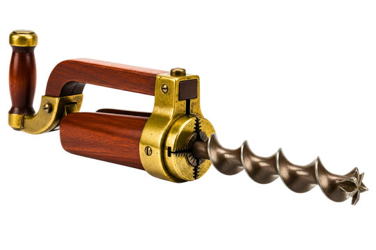 Antique style woodworking hand drill tool with auger bit isolated on transparent background