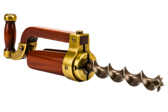 Antique style woodworking hand drill tool with auger bit isolated on transparent background - Powered by Adobe