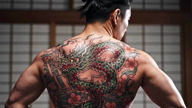 Man with Traditional Japanese Dragon Tattoo - A man showcases an intricately detailed traditional Japanese tattoo on his back, featuring a vibrant dragon entwined with cherry blossoms.