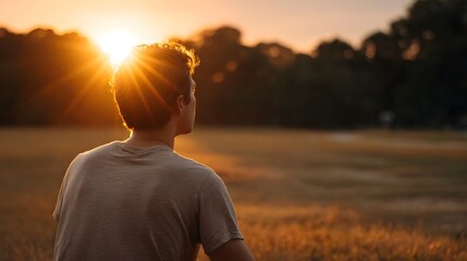 Fototapeta premium A young man from behind looks towards the golden sunset light in a serene outdoor field