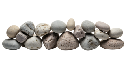 Stack of smooth grey and white river stones isolated on transparent background