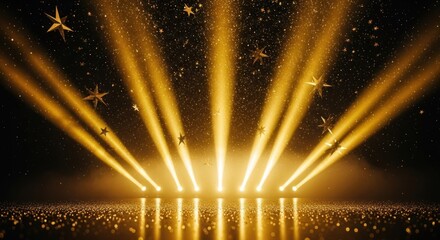 Radiant golden spotlights illuminate a sparkling dark stage with glitter and floating stars