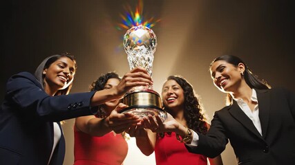 Four friends dressed elegantly in stylish outfits joyfully raise a beautiful trophy, surrounded by a warm glow, reflecting their shared success and happiness in this special moment of achievement.