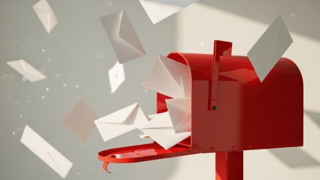Red mailbox bursting with countless white envelopes flying and scattering around it