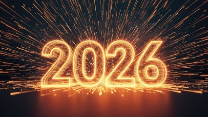 Radiant orange 2026 numbers with fiery sparks bursting outwards on a dark background