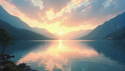 Lake reflecting sunrise light in mountains, creating tranquil vista, water's surface mirrors dawn's glow among majestic peaks. Lake reflecting sunrise light paints picturesque tableau,