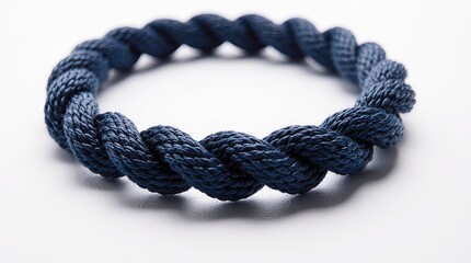 A circular bracelet crafted from tightly braided navy-blue rope, showing individual fibers with high detail and soft texture.