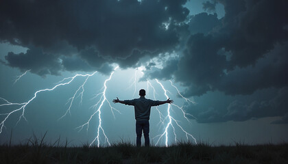 Man facing storm with arms outstretched, symbolizing concept of strength and resilience against powerful forces of nature. Observing storm and appreciating concept of strength,