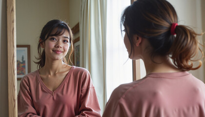 Young Japanese woman looks at herself in mirror indoors with great satisfaction. Seeing herself, young Japanese woman smiles happily in front of mirror at home. Reflecting image,
