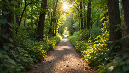 Pathway through green forest in summertime, representing mental wellness