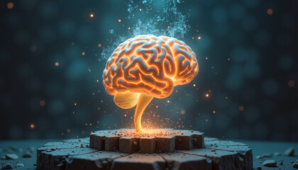 Glowing brain, artificial intelligence concept with neural network illumination on a stone pedestal. Artificial intelligence lights up human intellect with glowing elements.