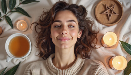 Smiling woman relaxing with tea and candles, promoting self care in tranquil scene. Relaxing woman finds serenity with aromatic tea, surrounded by candles for self care,