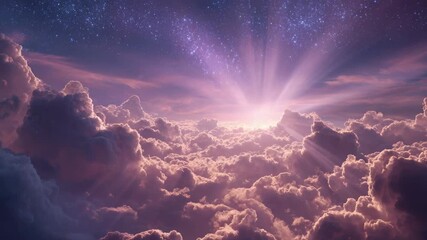 Flying above pink clouds toward a starry sky with sun rays - Powered by Adobe
