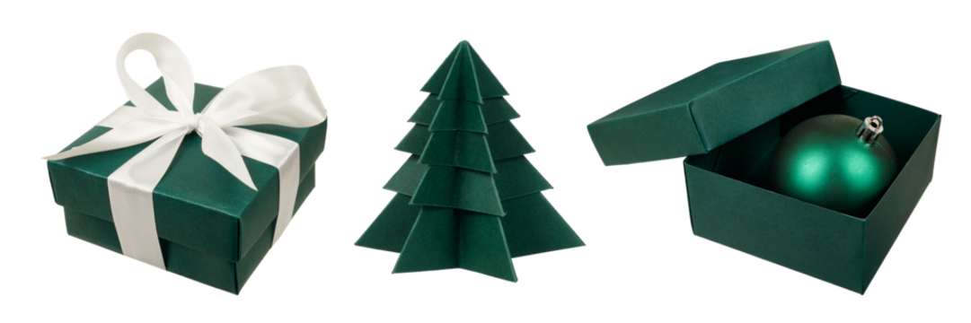 set of dark green christmas tree decoration and gift box with xmas ball isolated on white or transparent png