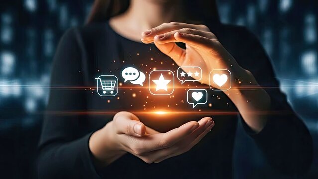 Futuristic Glowing Hands Interacting with Digital Ecommerce Icons on Abstract Blue Background - Powered by Adobe