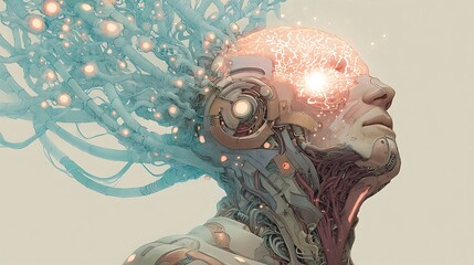 anatomical human head and chest fused with glowing organic circuits, pastel earth tones with soft turquoise light, abstract mind-body connection concept, v7 