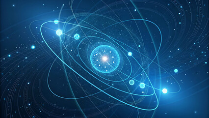 A vibrant, glowing blue digital illustration depicts a stylized solar system with planets orbiting a central nucleus in a cosmic expanse.