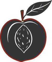 Dark Peach Half with Seed and Leaf in Bold Minimal Cartoon Vector Illustration