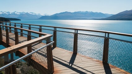 Scenic wooden boardwalk over glistening lake, majestic snow mountains in background, sunny
