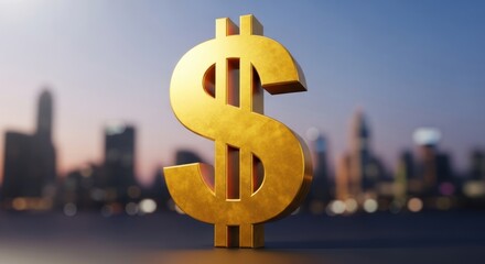 Golden 3D dollar symbol icon on a business wall signifying financial wealth and US currency market investment