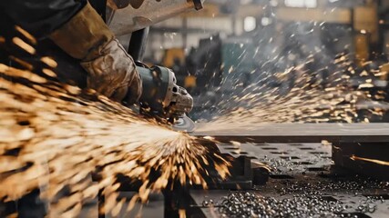 Intense Metal Cutting in Workshop with Spark Burst - A worker operates a powerful angle grinder, creating a burst of bright sparks as it cuts through metal in a workshop setting. - Powered by Adobe