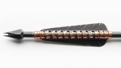 Sharp metallic arrow with textured copper fletching details against a clean white background