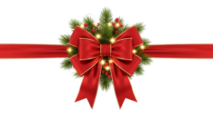 Elegant red christmas bow with greenery and lights isolated on transparent background