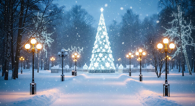 Winter park decorated with Christmas tree and lights