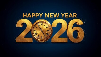 Golden happy new year 2026 celebration with a vintage clock and falling confetti on a dark blue background - Powered by Adobe