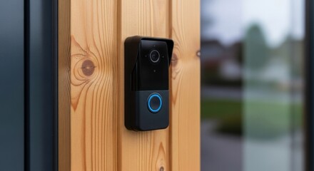 Sleek black smart doorbell with camera and illuminated button on wooden frame