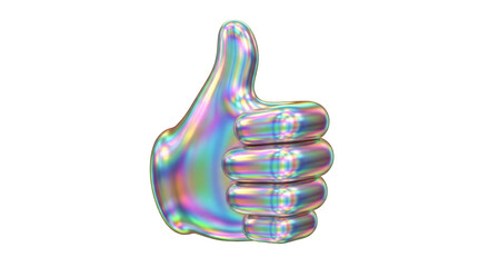 Creative composition of holographic thumbs up symbol on white focused on thumbs up, like, approval for