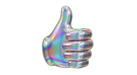 Creative composition of holographic thumbs up symbol on white focused on thumbs up, like, approval for