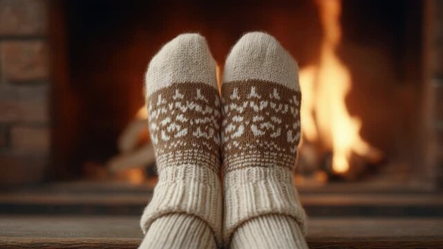 Cozy Winter Evening with Warm Knitted Socks in Front of a Crackling Fireplace 4k video footage