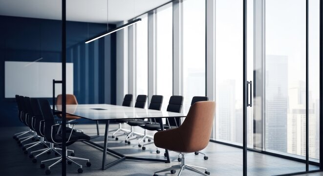 Sleek modern conference room with glass walls, long table, ergonomic chairs, city view