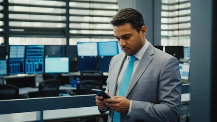Business professional checking phone in sleek office corridor surrounded by tall glass windows